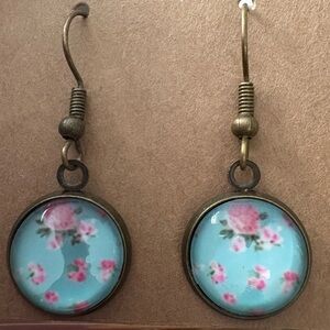 Handcrafted Blue and Pink Vintage Floral Dangle Earrings